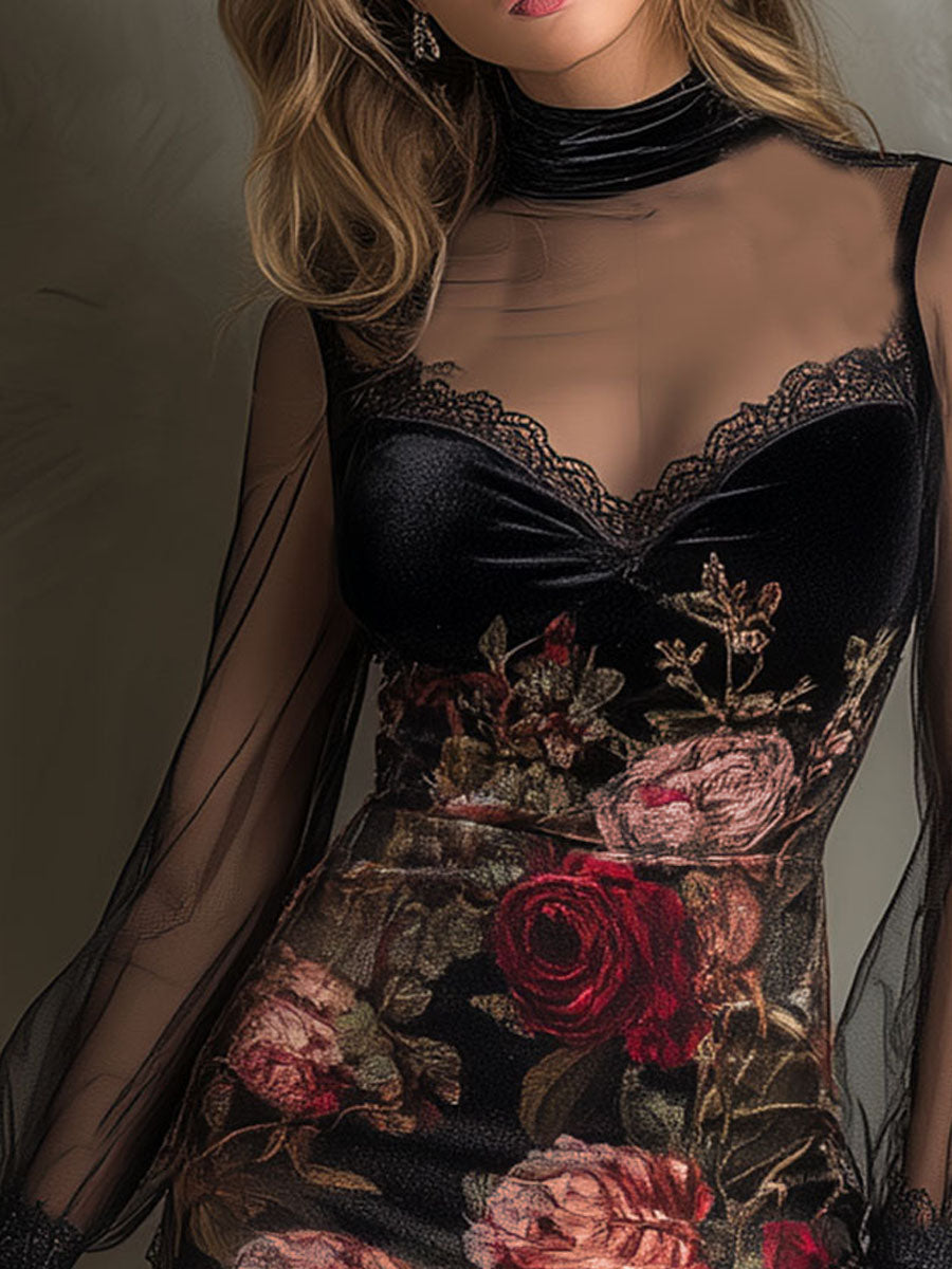 Rosa · Vestido mini floral con detalles transparentes
