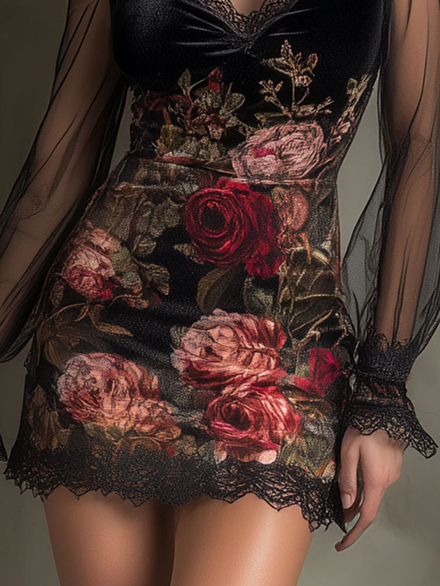 Rosa · Vestido mini floral con detalles transparentes