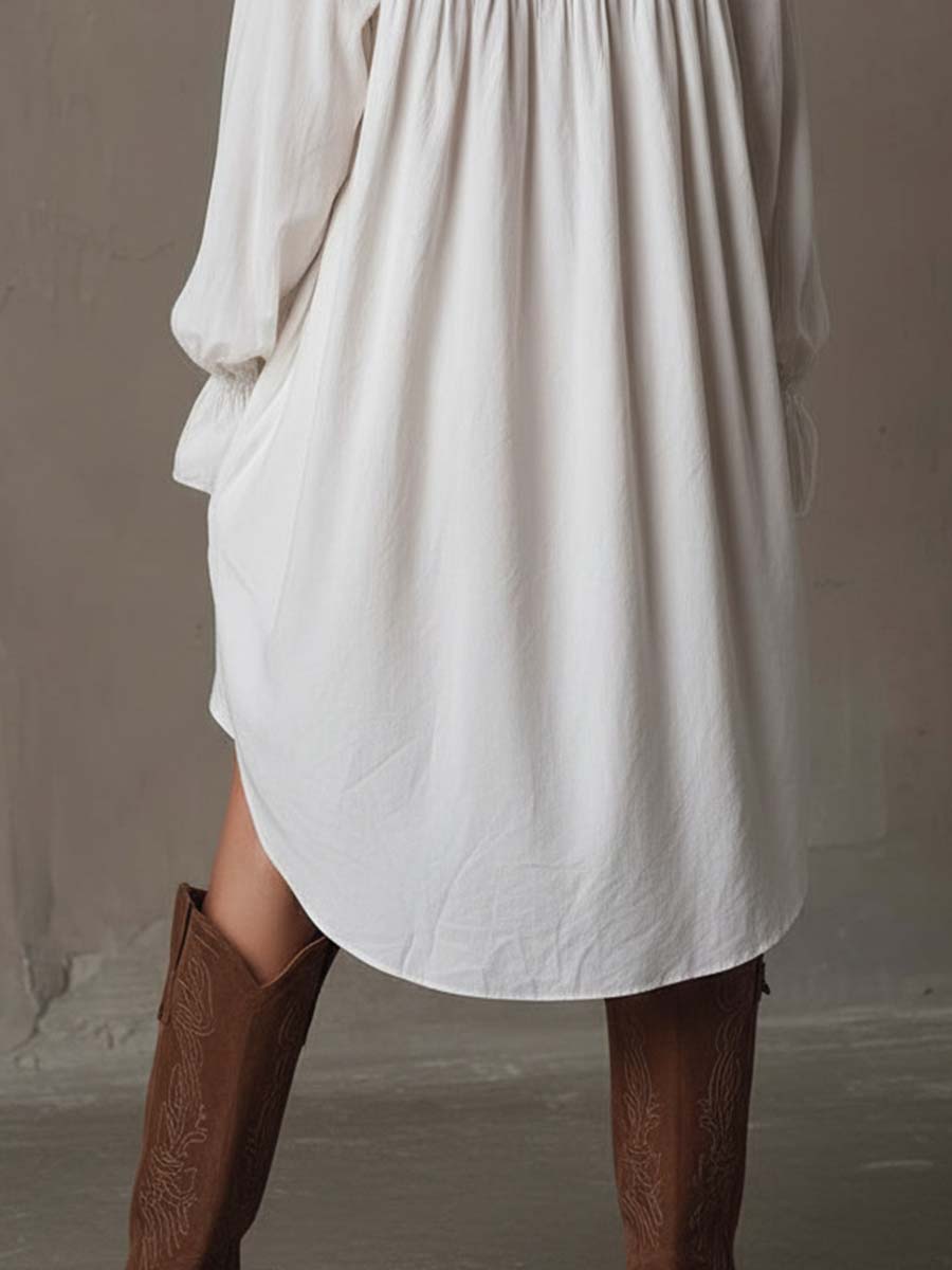 Vestido Mini de Manga Larga con Encaje y Dobladillo Irregular de Estilo Retro