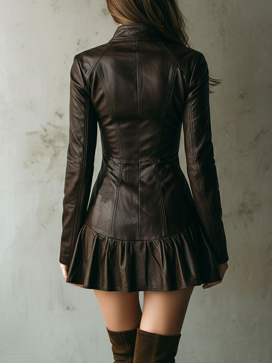 Vestido Mini Ajustado de Cuero Ecológico Marrón con Dobladillo Acampanado