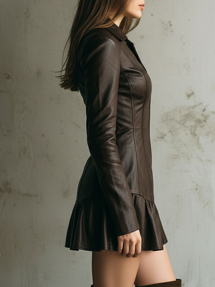 Vestido Mini Ajustado de Cuero Ecológico Marrón con Dobladillo Acampanado