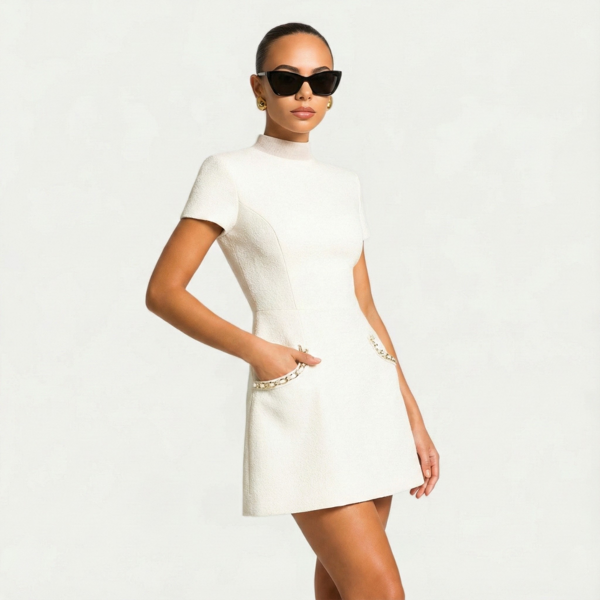 Vestido Mini para Mujeres con Detalles de Perlas y Bolsillos