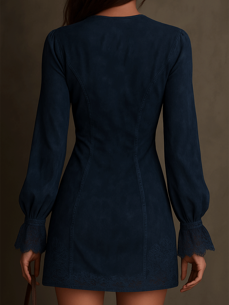 Vestido Mini de Ante Azul Vintage con Encaje