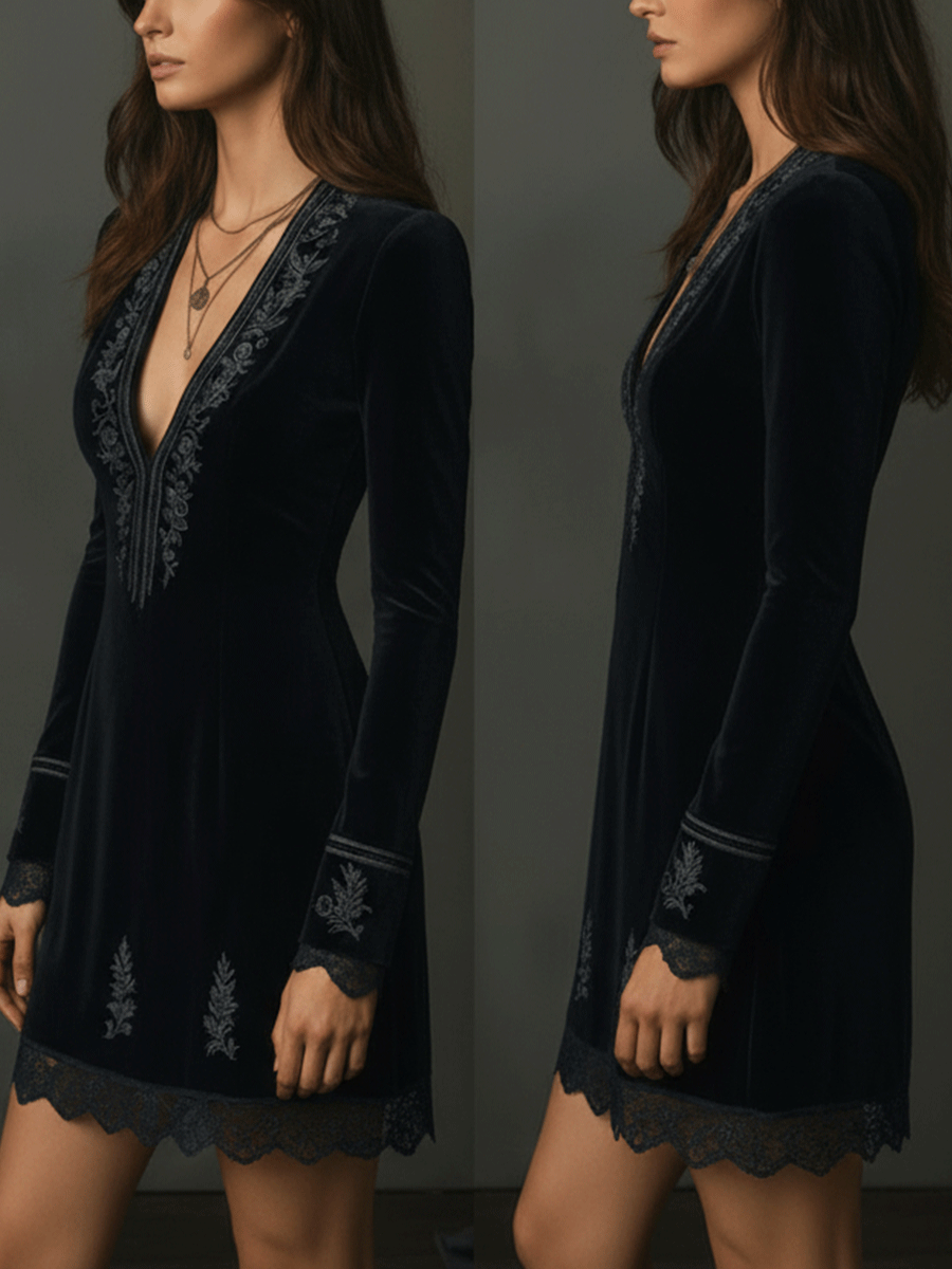 Vestido Mini de Terciopelo Negro Retro con Encaje Bordado