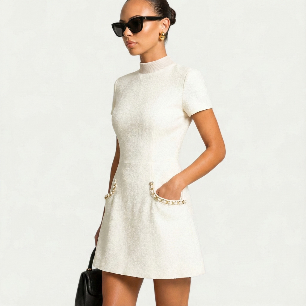 Vestido Mini para Mujeres con Detalles de Perlas y Bolsillos
