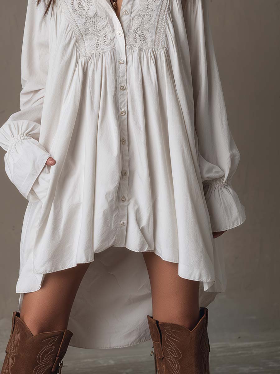 Vestido Mini de Manga Larga con Encaje y Dobladillo Irregular de Estilo Retro
