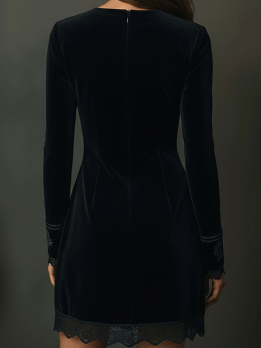 Vestido Mini de Terciopelo Negro Retro con Encaje Bordado