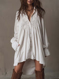 Vestido Mini de Manga Larga con Encaje y Dobladillo Irregular de Estilo Retro