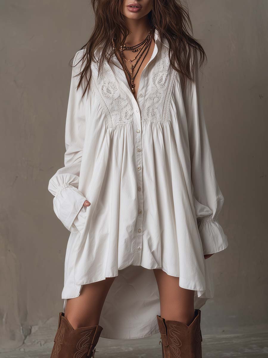 Vestido Mini de Manga Larga con Encaje y Dobladillo Irregular de Estilo Retro