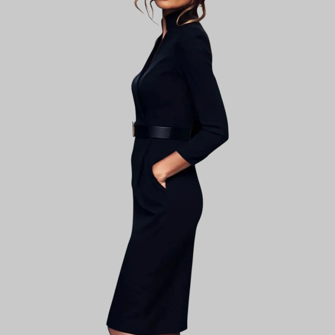 Vestido Midi de Manga Larga Refinado - Con Cuello y Cinturón - Diseño Sheath – Ropa Elegante para Oficina y Eventos Nocturnos