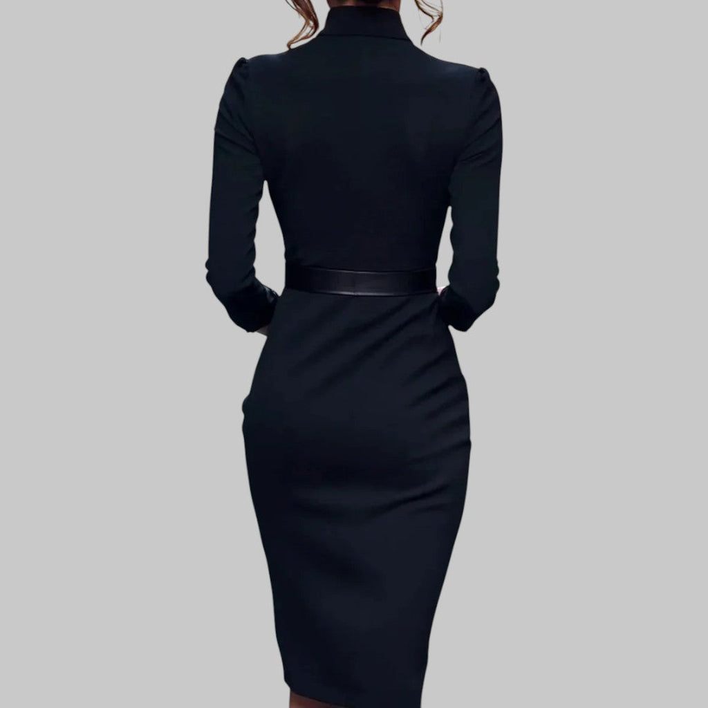 Vestido Midi de Manga Larga Refinado - Con Cuello y Cinturón - Diseño Sheath – Ropa Elegante para Oficina y Eventos Nocturnos