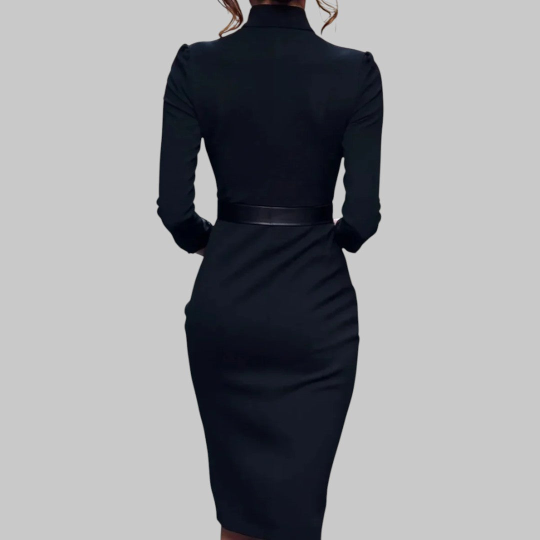 Vestido Midi de Manga Larga Refinado - Con Cuello y Cinturón - Diseño Sheath – Ropa Elegante para Oficina y Eventos Nocturnos