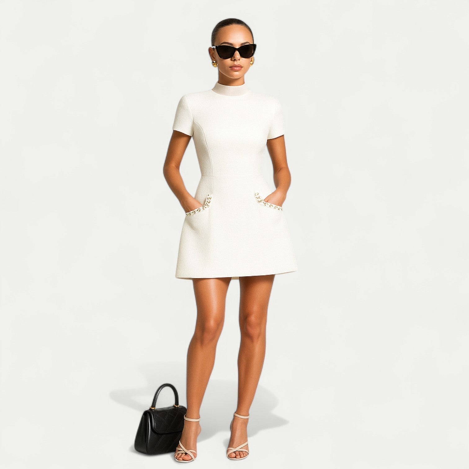 Vestido Mini para Mujeres con Detalles de Perlas y Bolsillos