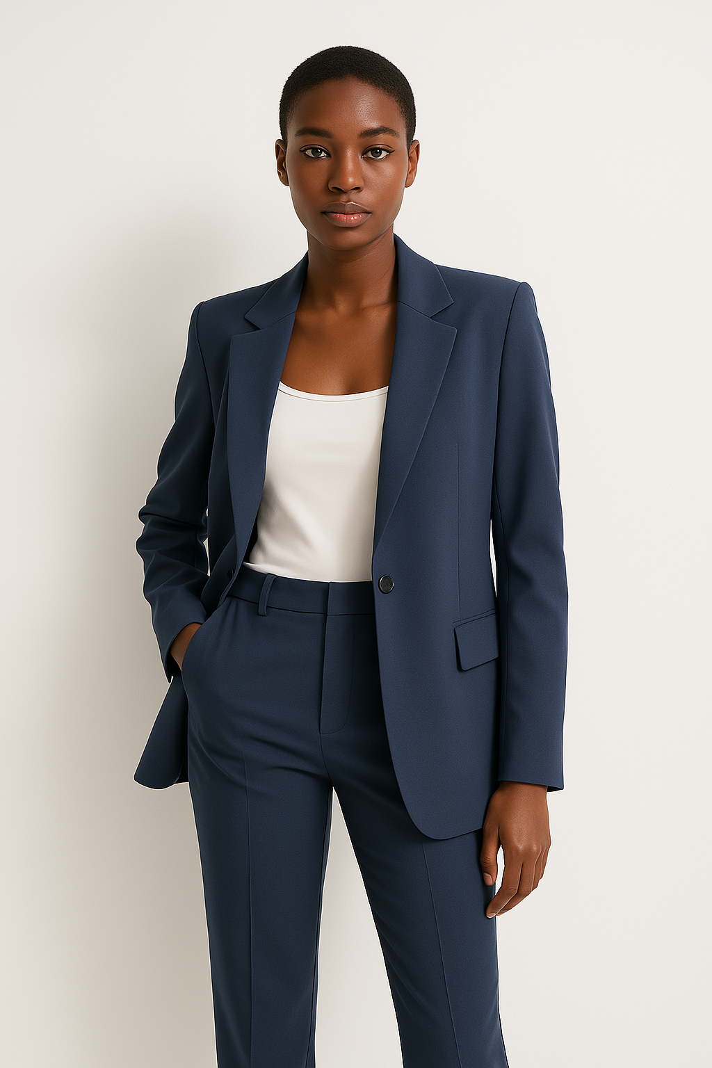 Traje de Pantalón Azul Marino para Mujeres – Blazer Beige a Medida & Pantalones de Pierna Recta