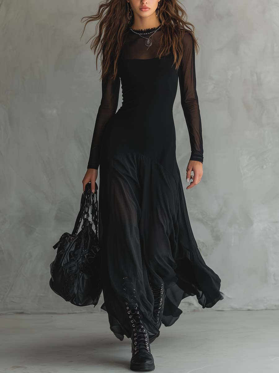Clara™ | Vestido maxi fluido en tul negro