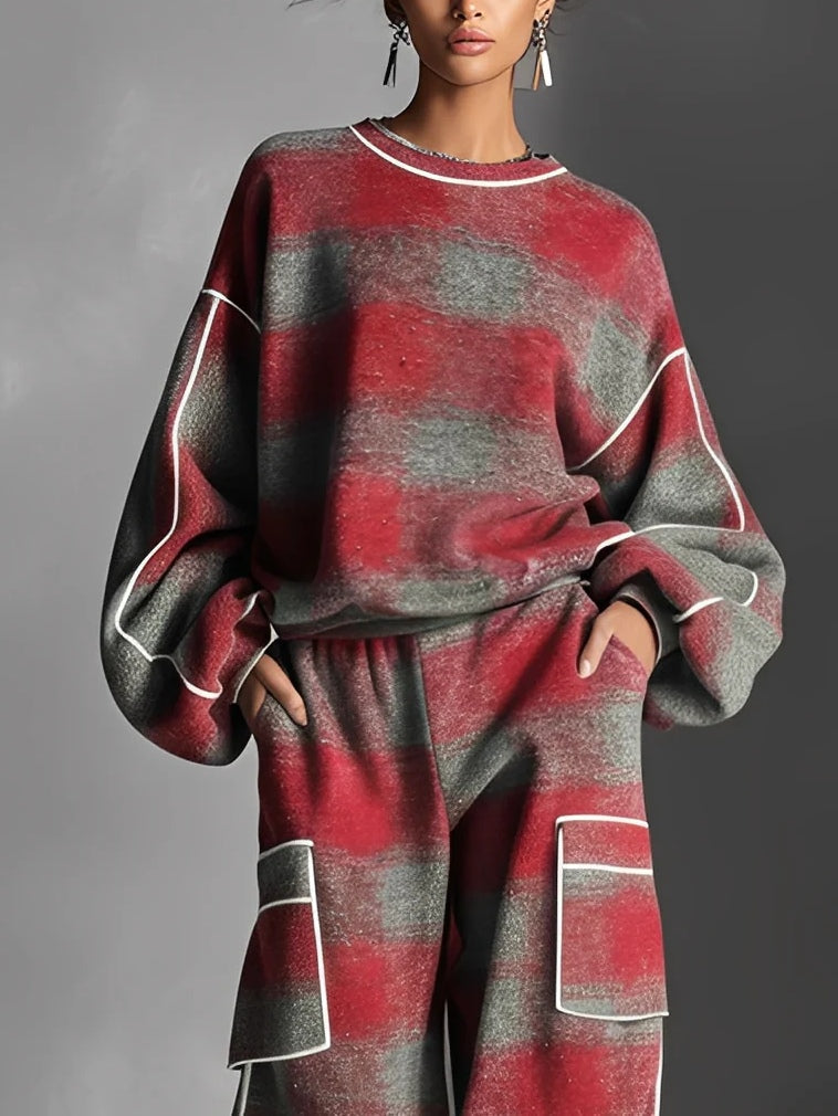 Sudadera y pantalones informales a rayas en color rojo y gris, conjunto de dos piezas