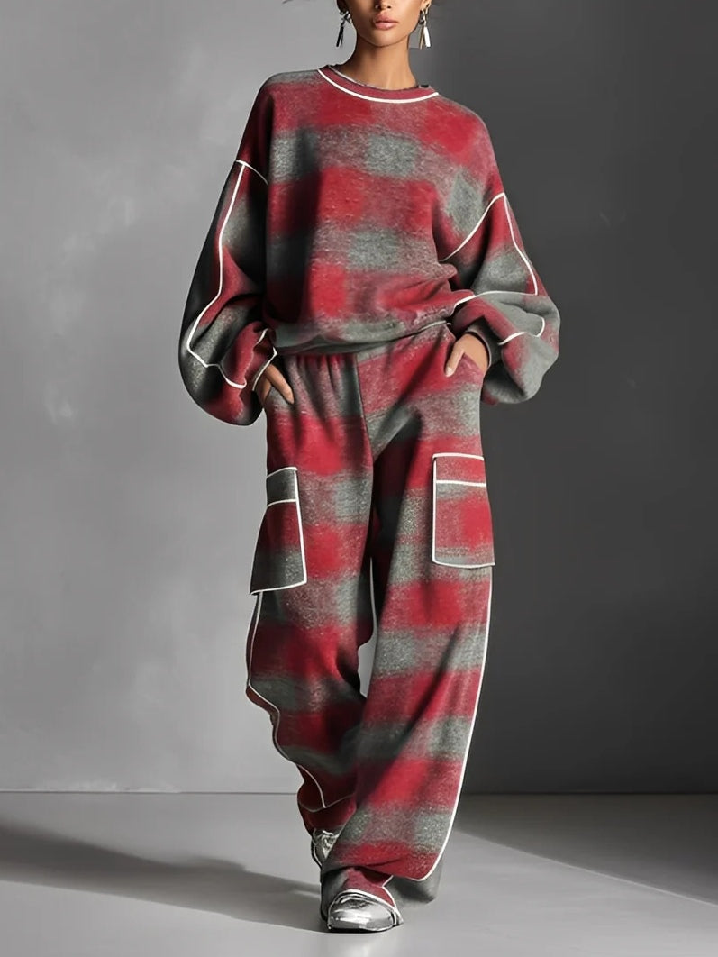 Sudadera y pantalones informales a rayas en color rojo y gris, conjunto de dos piezas
