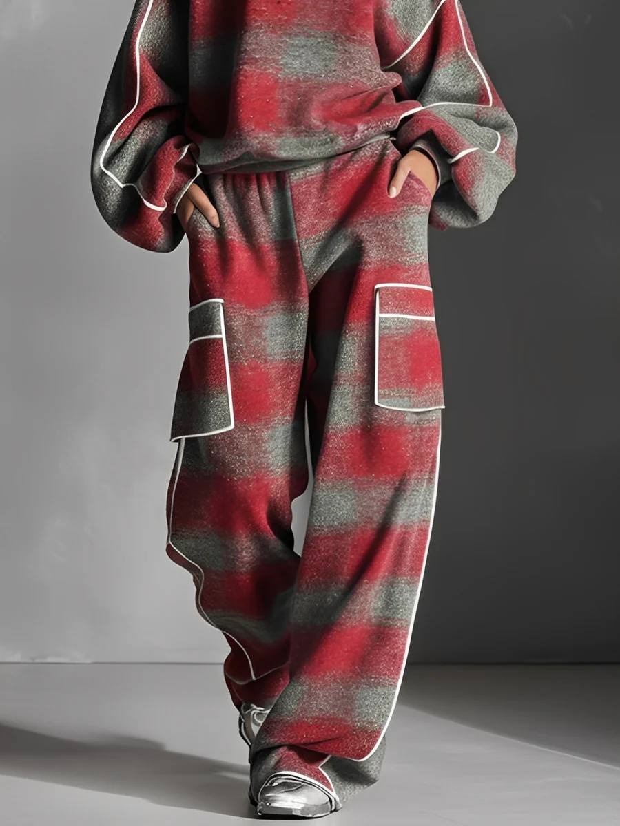 Sudadera y pantalones informales a rayas en color rojo y gris, conjunto de dos piezas