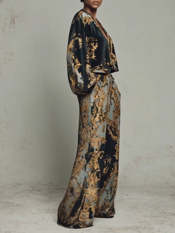 Top de impresión floral barroca y pantalones de pierna ancha - traje casual