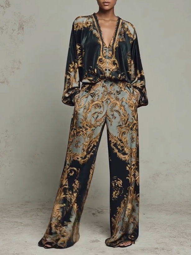 Top de impresión floral barroca y pantalones de pierna ancha - traje casual