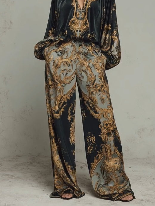 Top de impresión floral barroca y pantalones de pierna ancha - traje casual