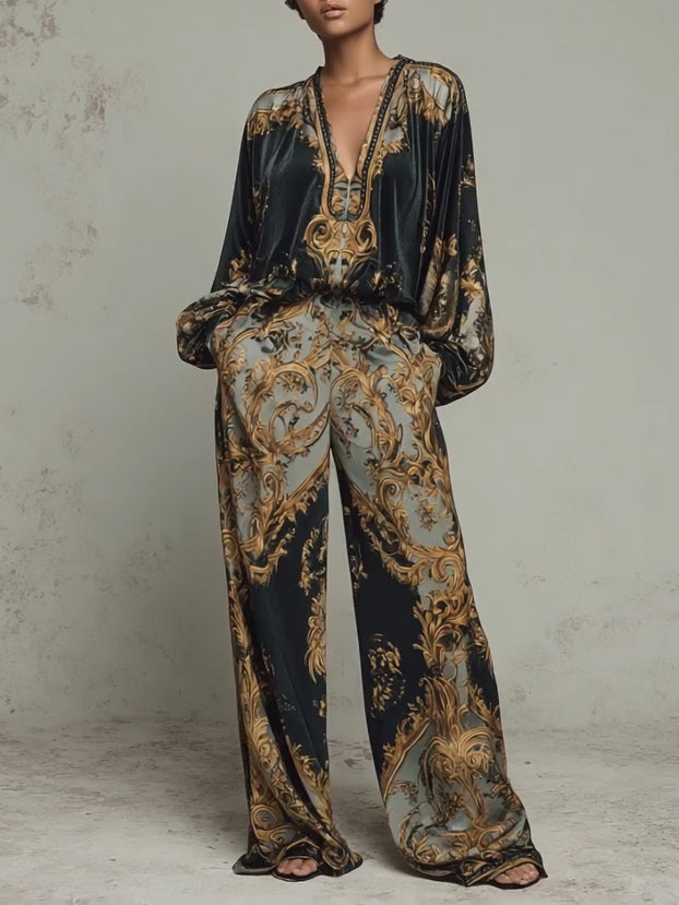 Top de impresión floral barroca y pantalones de pierna ancha - traje casual