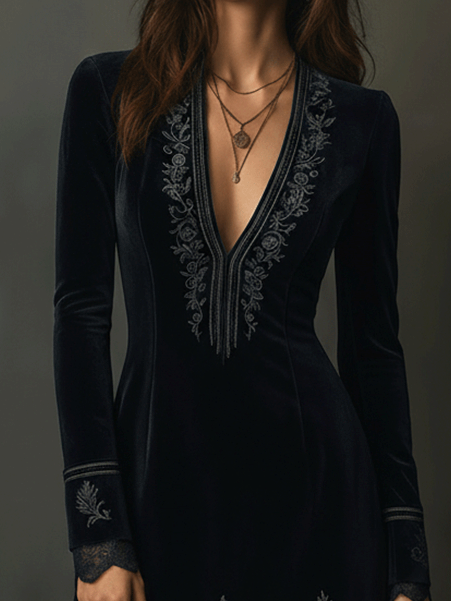 Vestido Mini de Terciopelo Negro Retro con Encaje Bordado