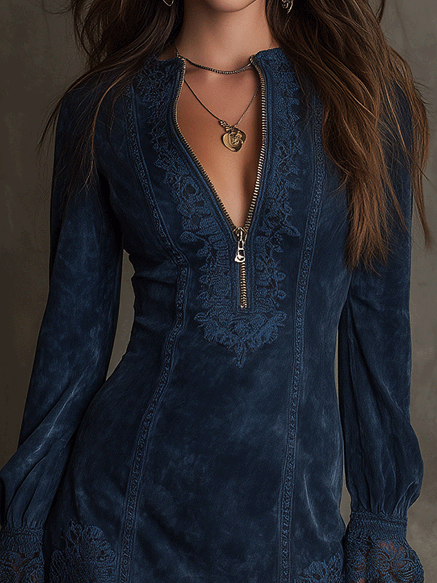 Vestido Mini de Ante Azul Vintage con Encaje