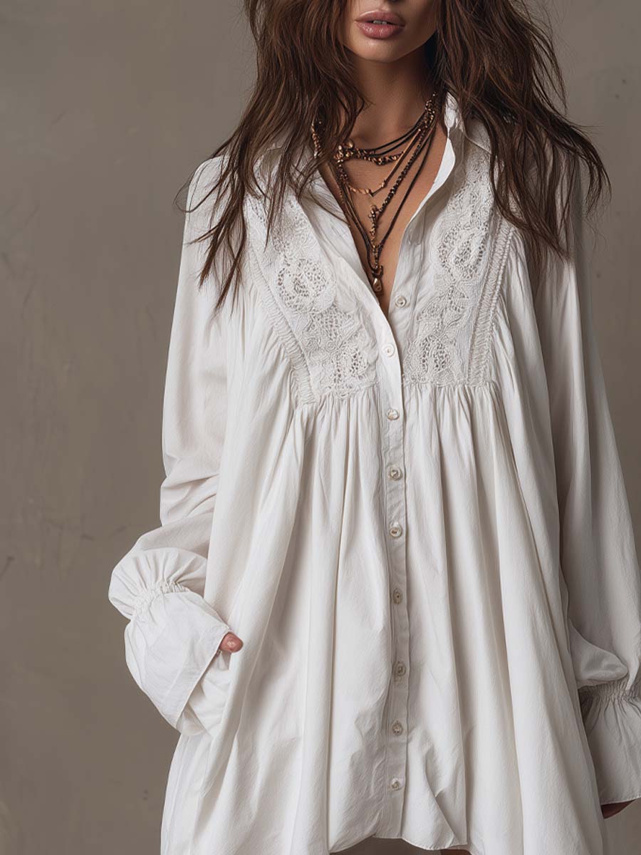 Vestido Mini de Manga Larga con Encaje y Dobladillo Irregular de Estilo Retro